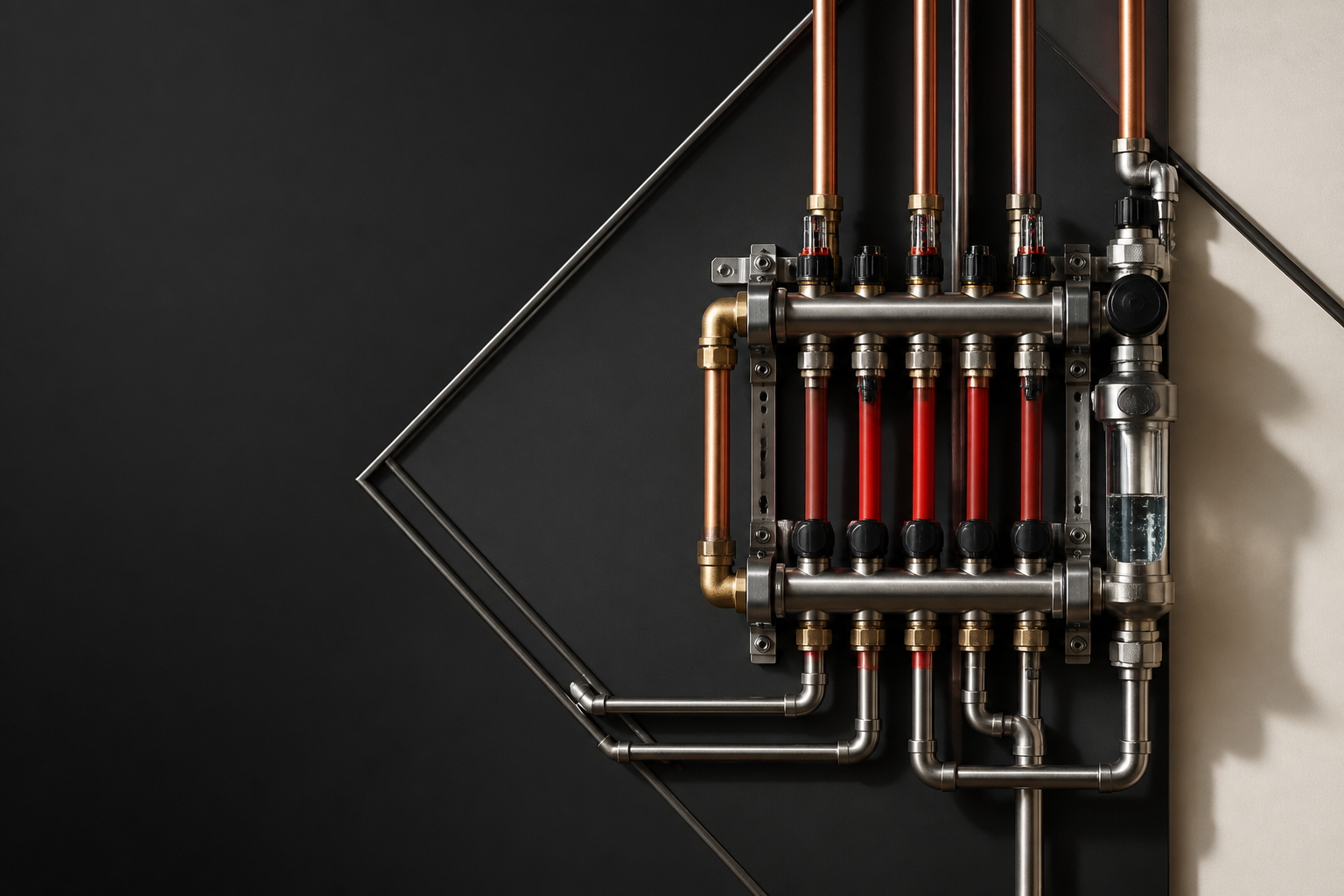 Conceptual copper, steel, and red plumbing manifold on a charcoal technical grid